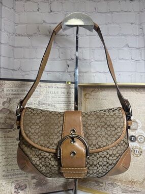 Coach Brown Leather Soho Buckle Flap Shoulder Bag Signature C’s Canvas